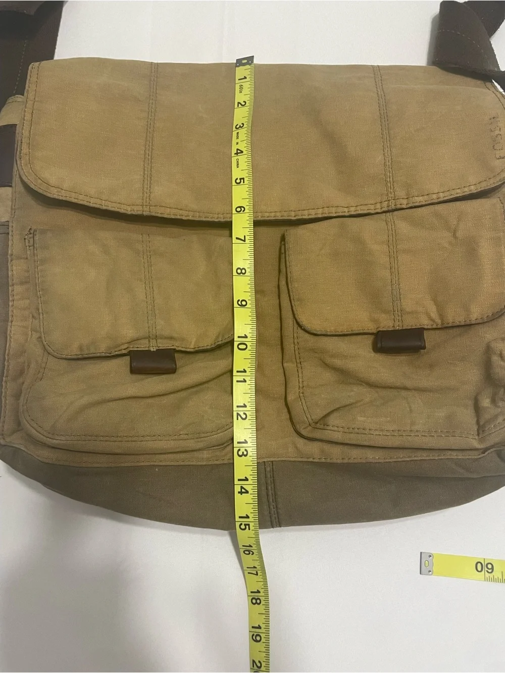 Vintage Fossil Tan Canvas Messenger Bag with Leather Trim Y2K Style